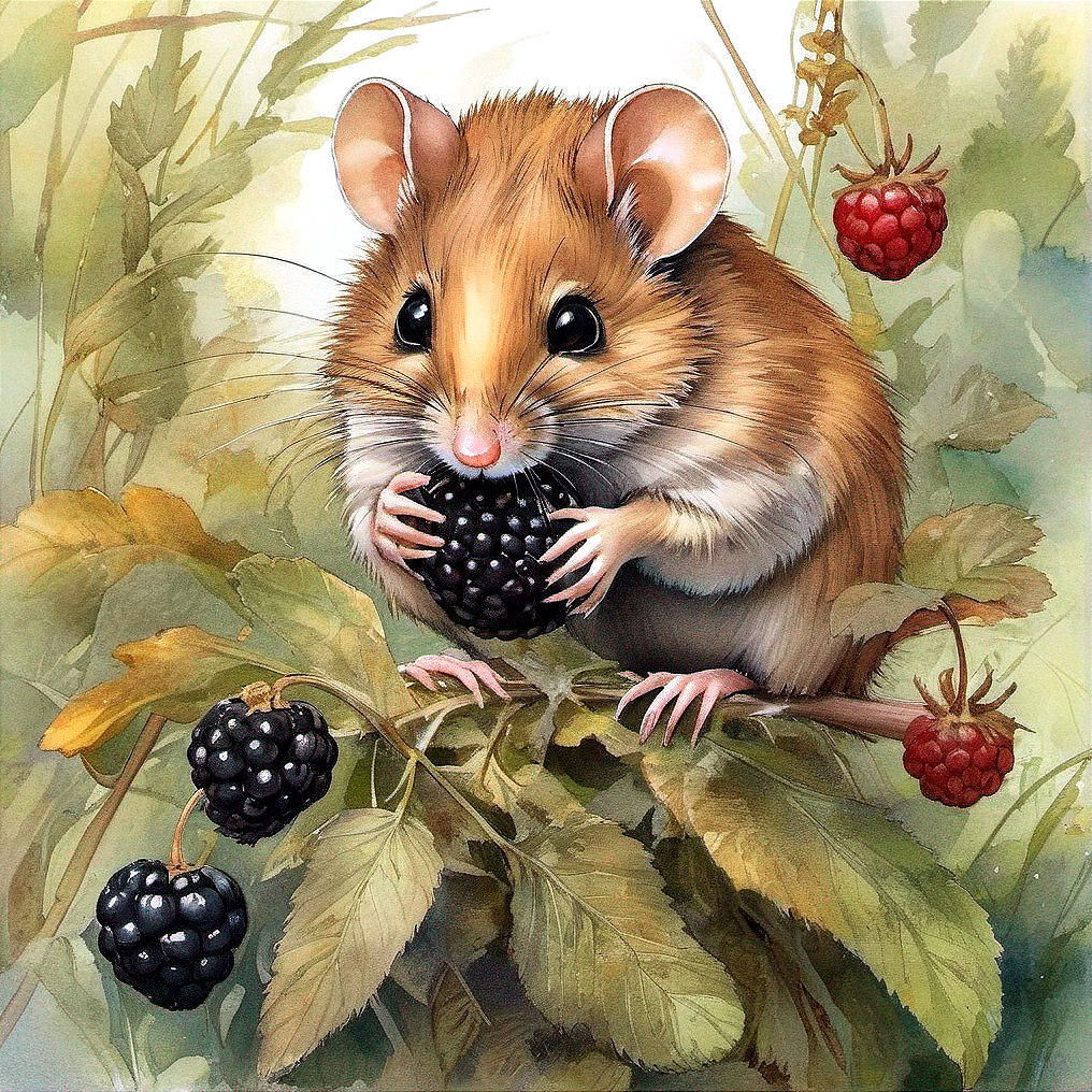 Charming Mouse with Blackberry Among Green Leaves