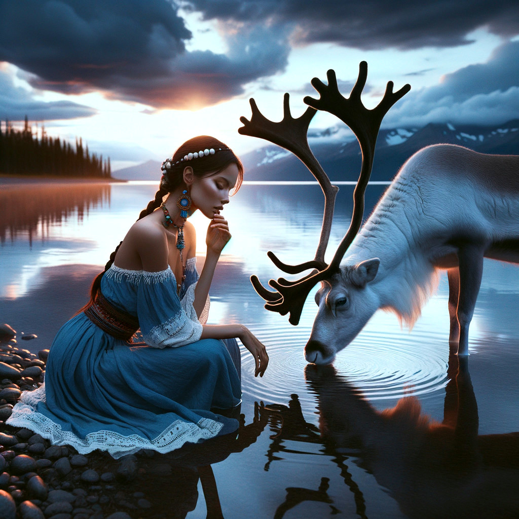 Twilight Scene of Woman and Reindeer by a Lake