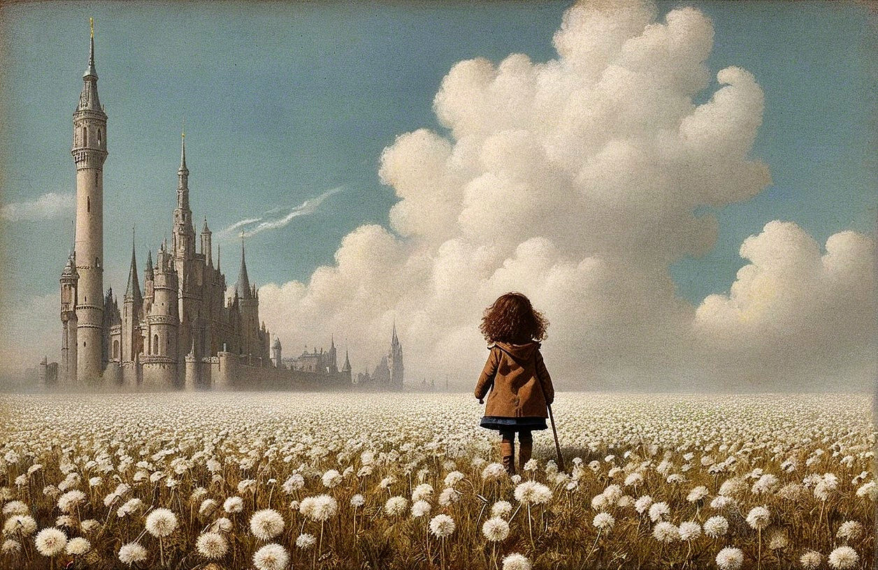 Young girl in dandelion field near distant castle