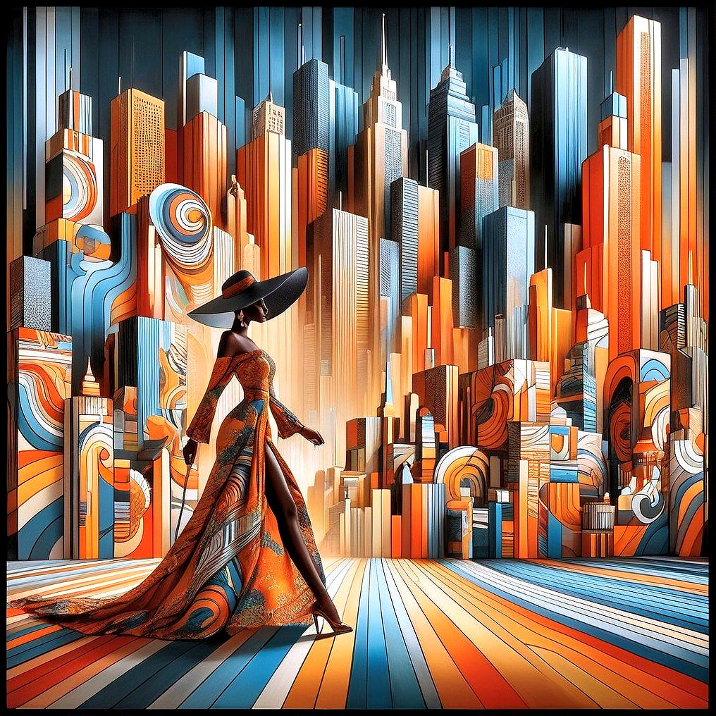 Stylish figure in vibrant cityscape with skyscrapers