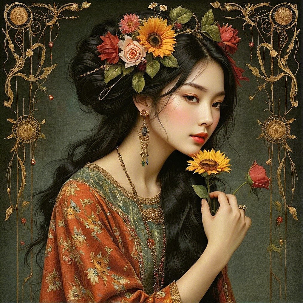 Portrait of a woman with flowers and elegant attire