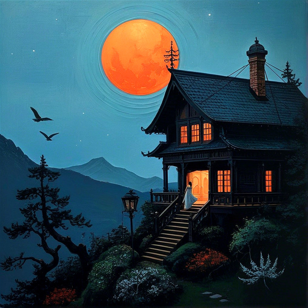 Twilight Scene of a Wooden House with Orange Moon