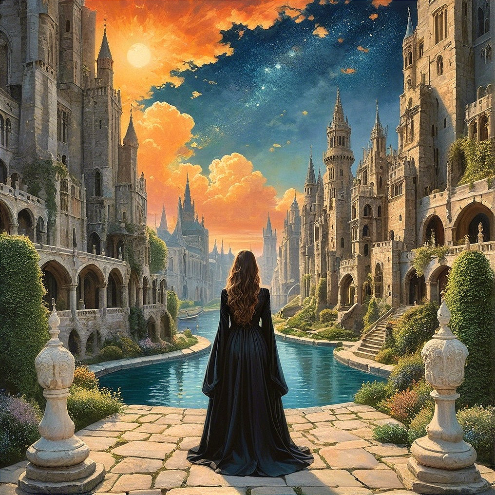 Mysterious Woman by Serene Waterway at Sunset