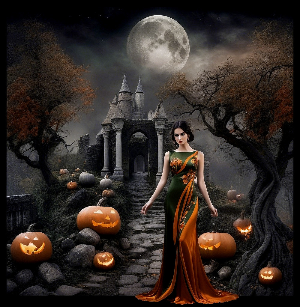 Elegant Woman in Autumn Gown by Mystical Castle