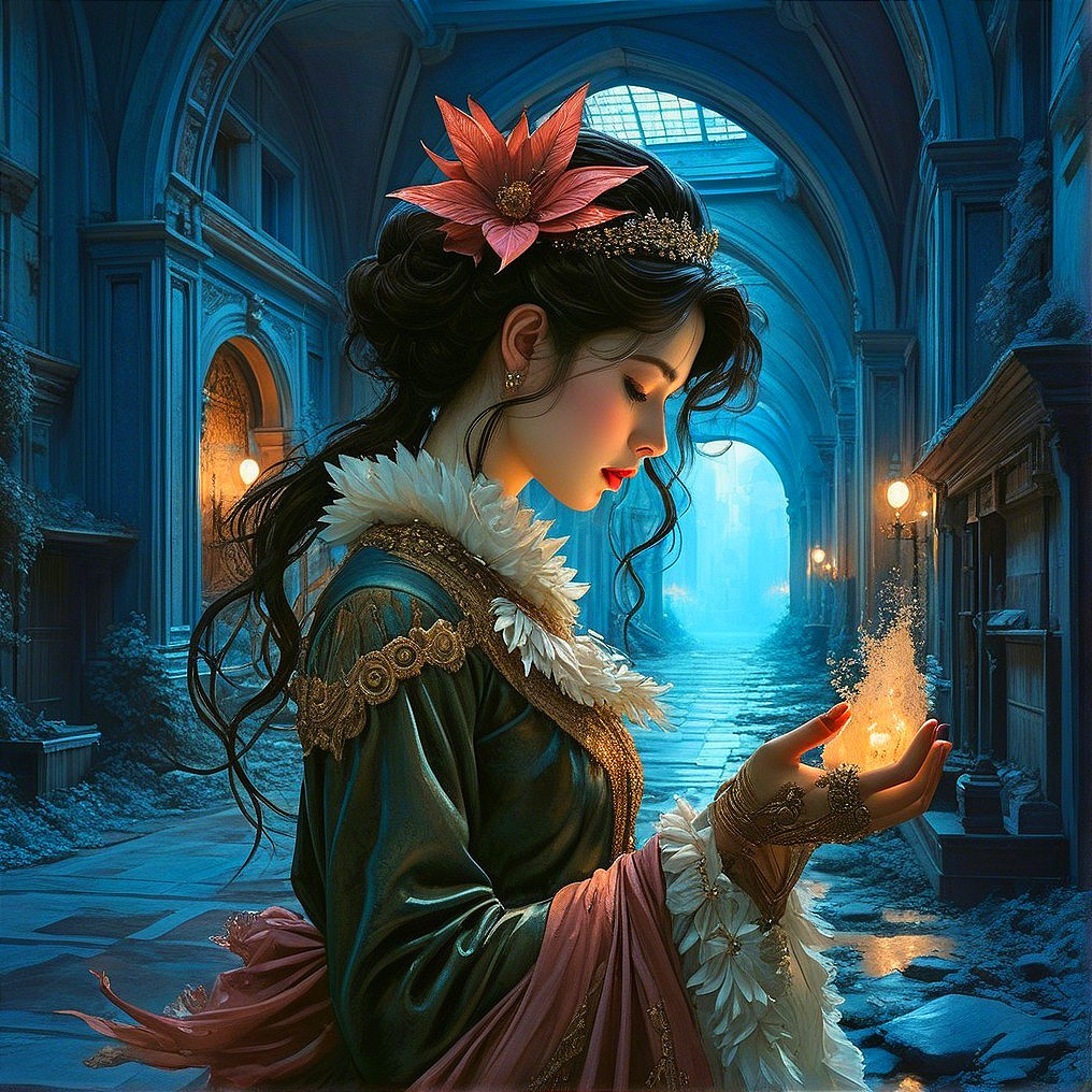 Mystical hallway with a woman holding a glowing orb