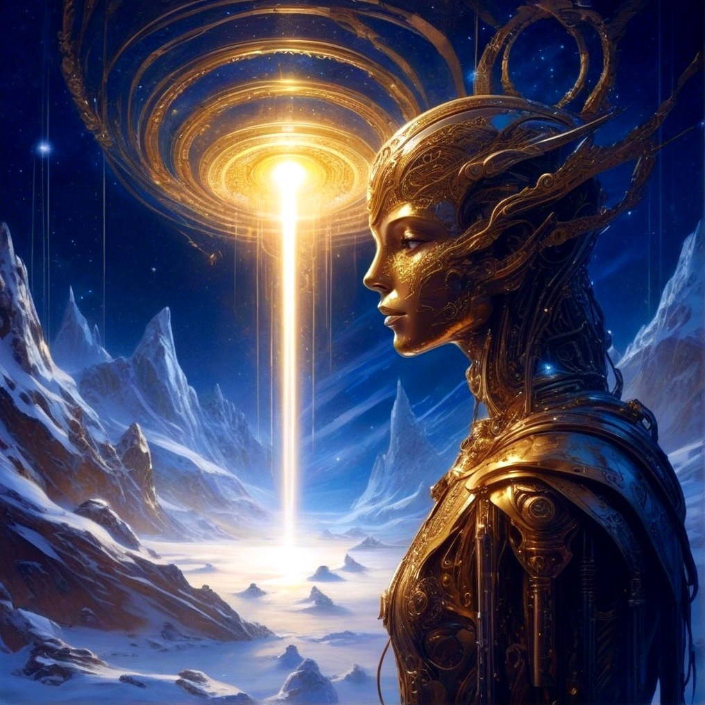 Futuristic Golden Humanoid in Cosmic Landscape