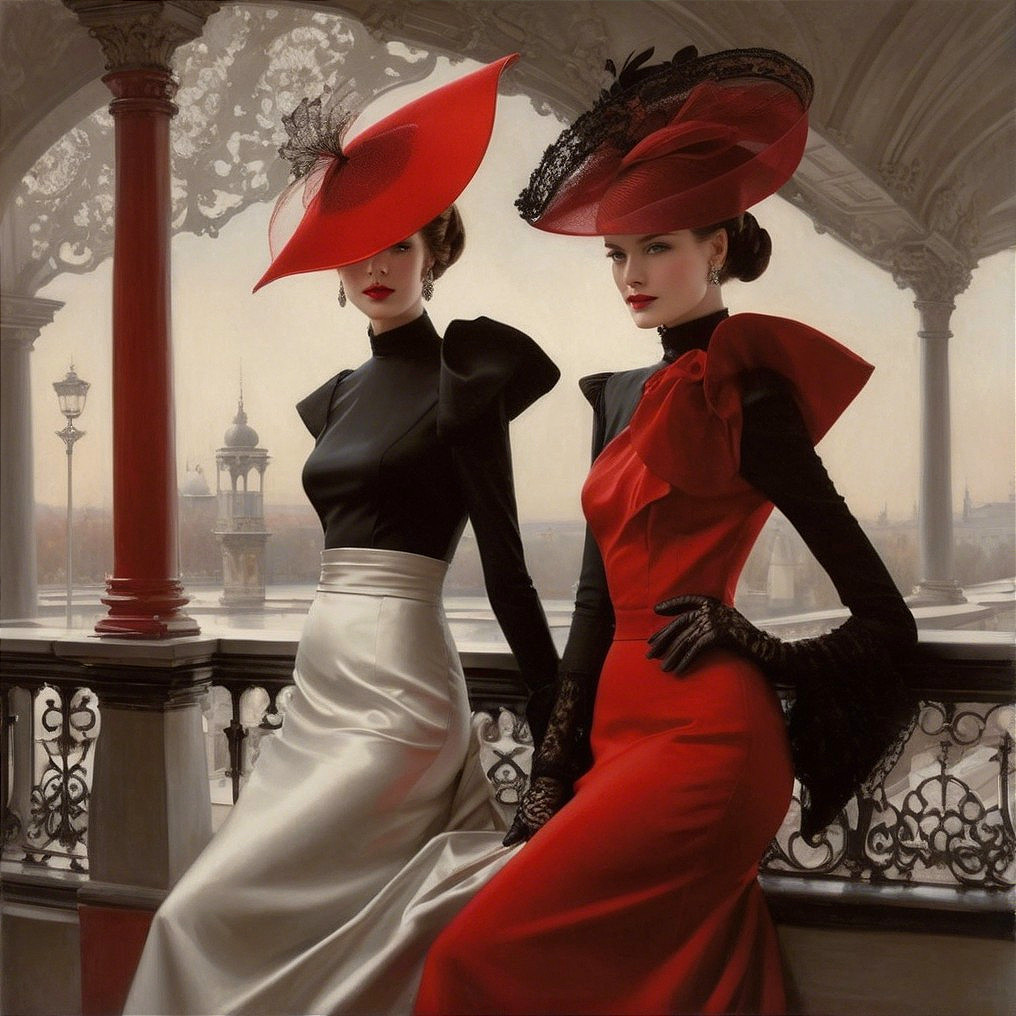 Elegant Women in Fashionable Attire on a Balcony