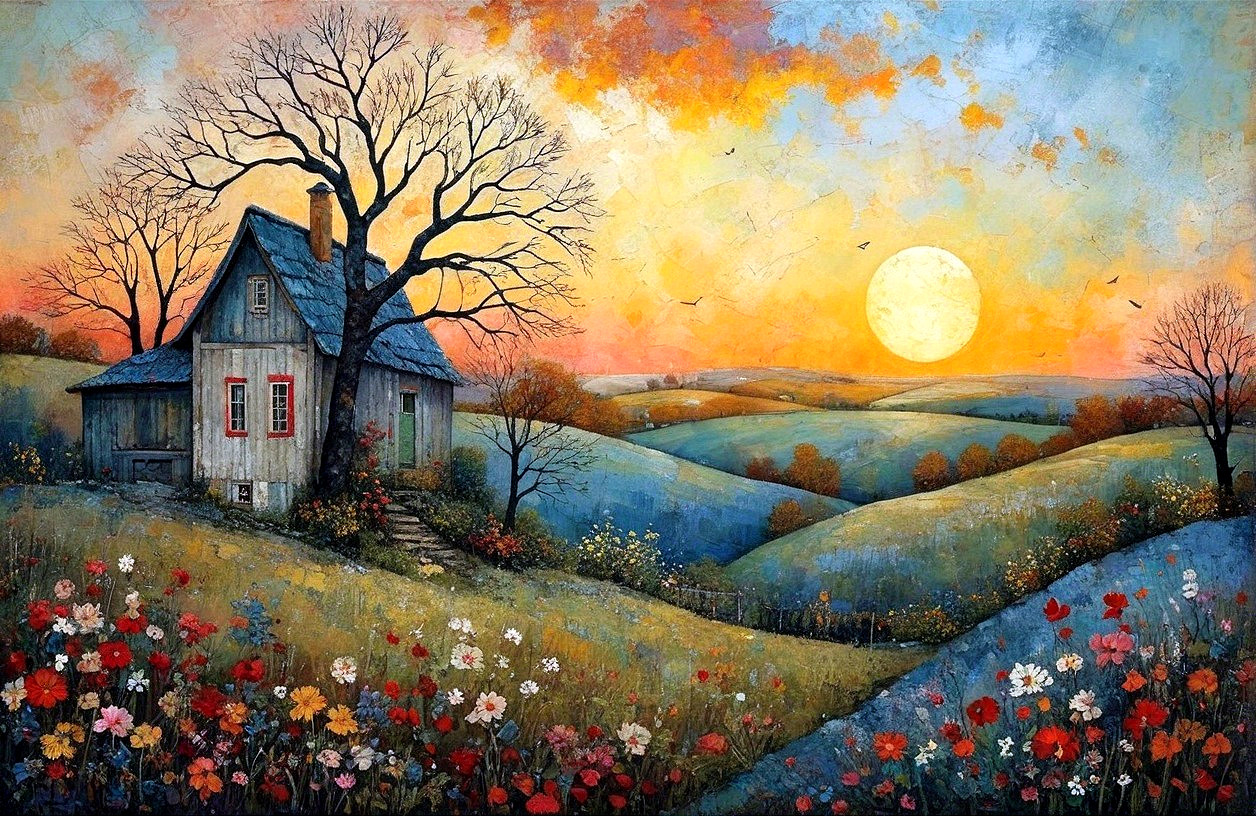Rustic House Surrounded by Vibrant Flowers at Sunset