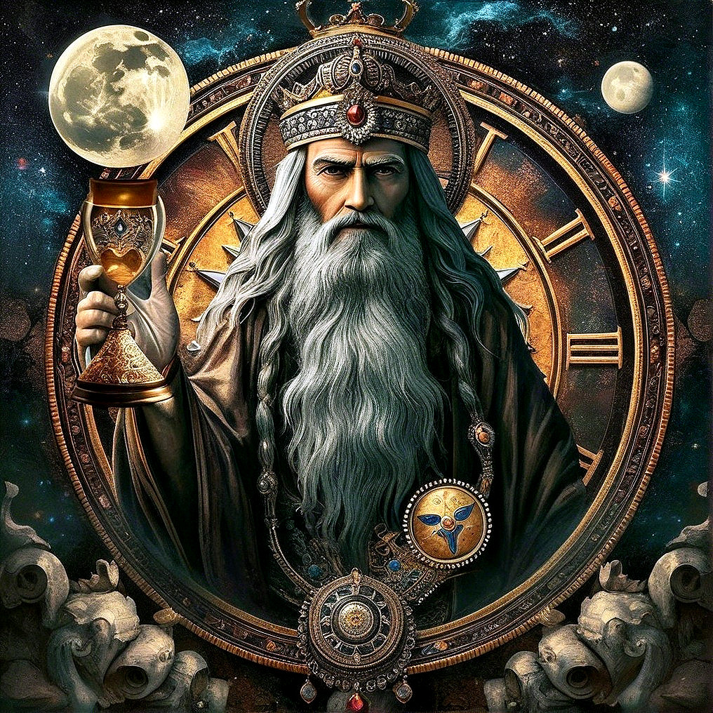 Majestic figure with crown and hourglass in celestial setting