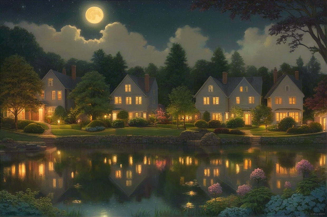 Idyllic Night Scene of a Neighborhood by a Lake