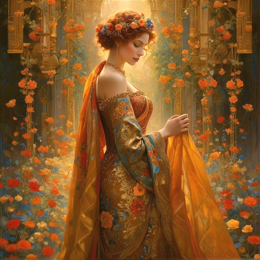 Serene Woman in Embroidered Gown in Vibrant Garden