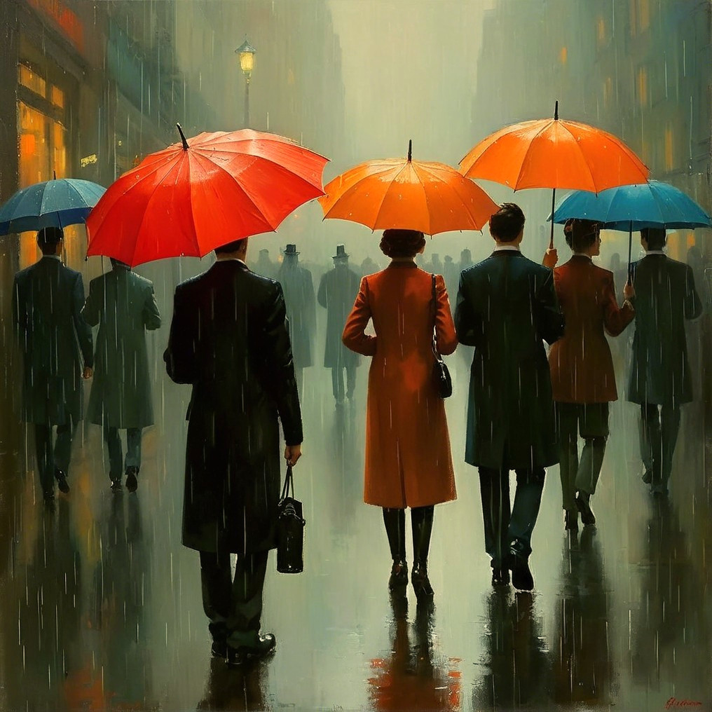 Rainy City Street Scene with Colorful Umbrellas