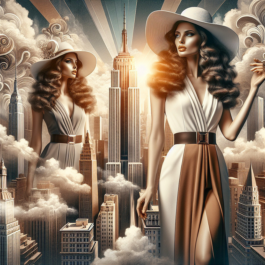 Glamorous Woman in Vintage Scene with Urban Skyline