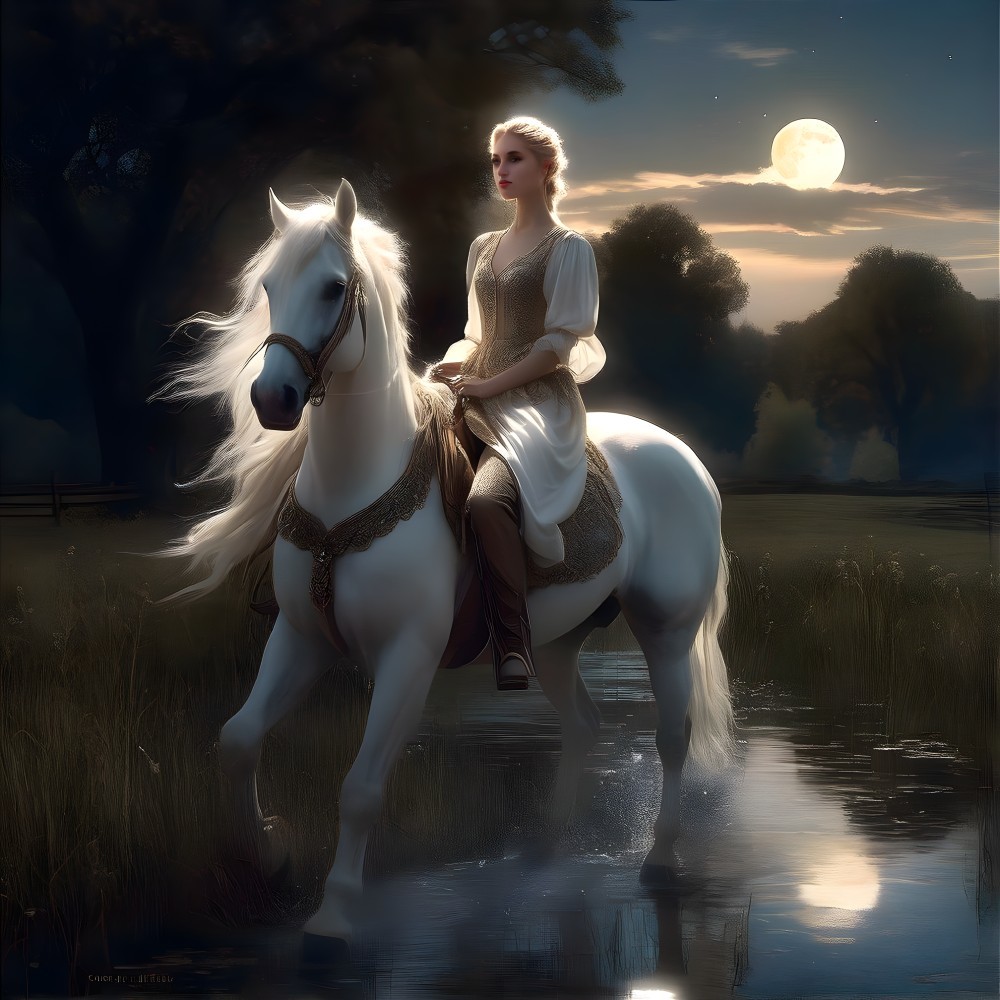 Woman on White Horse in Moonlit Landscape