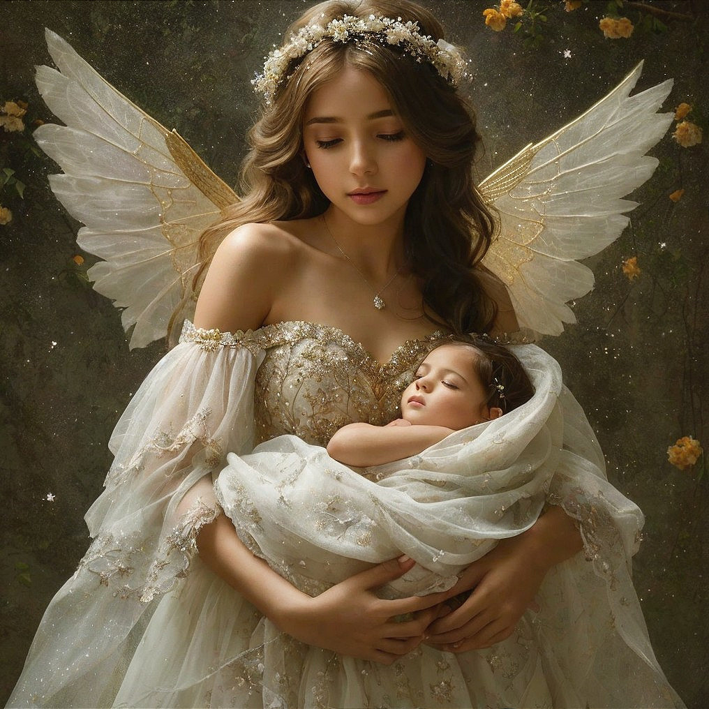 Young woman with wings cradling an infant in gown