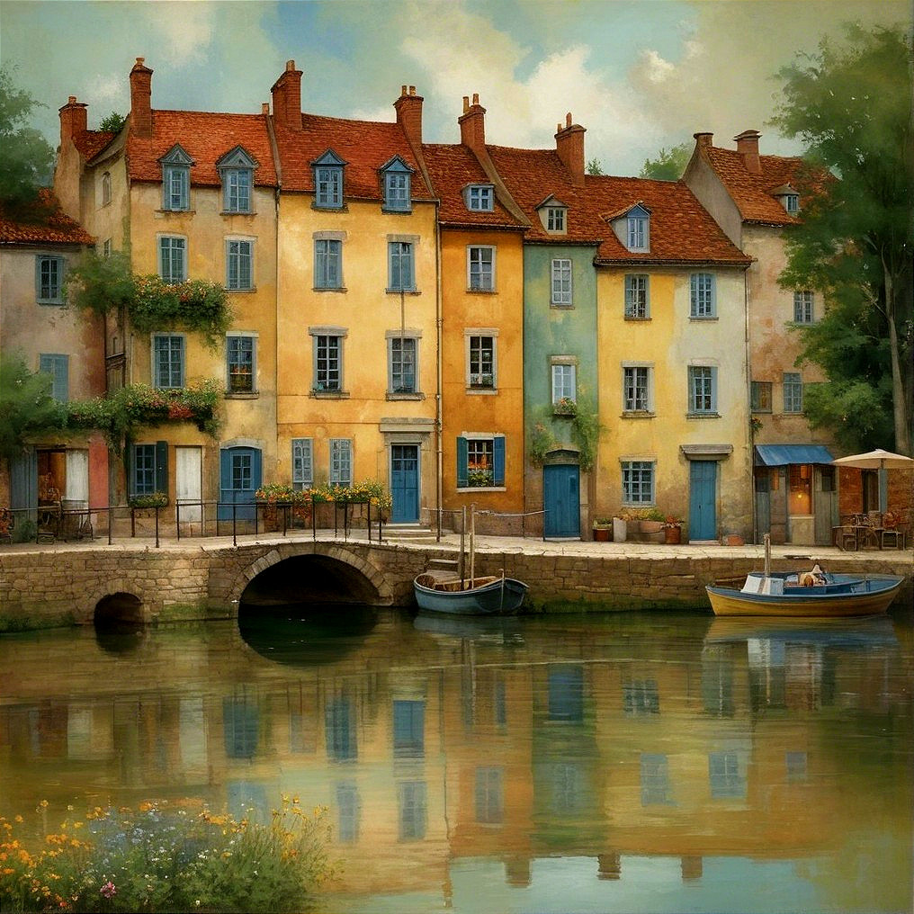 Charming Riverside Scene with Colorful Buildings and Boats