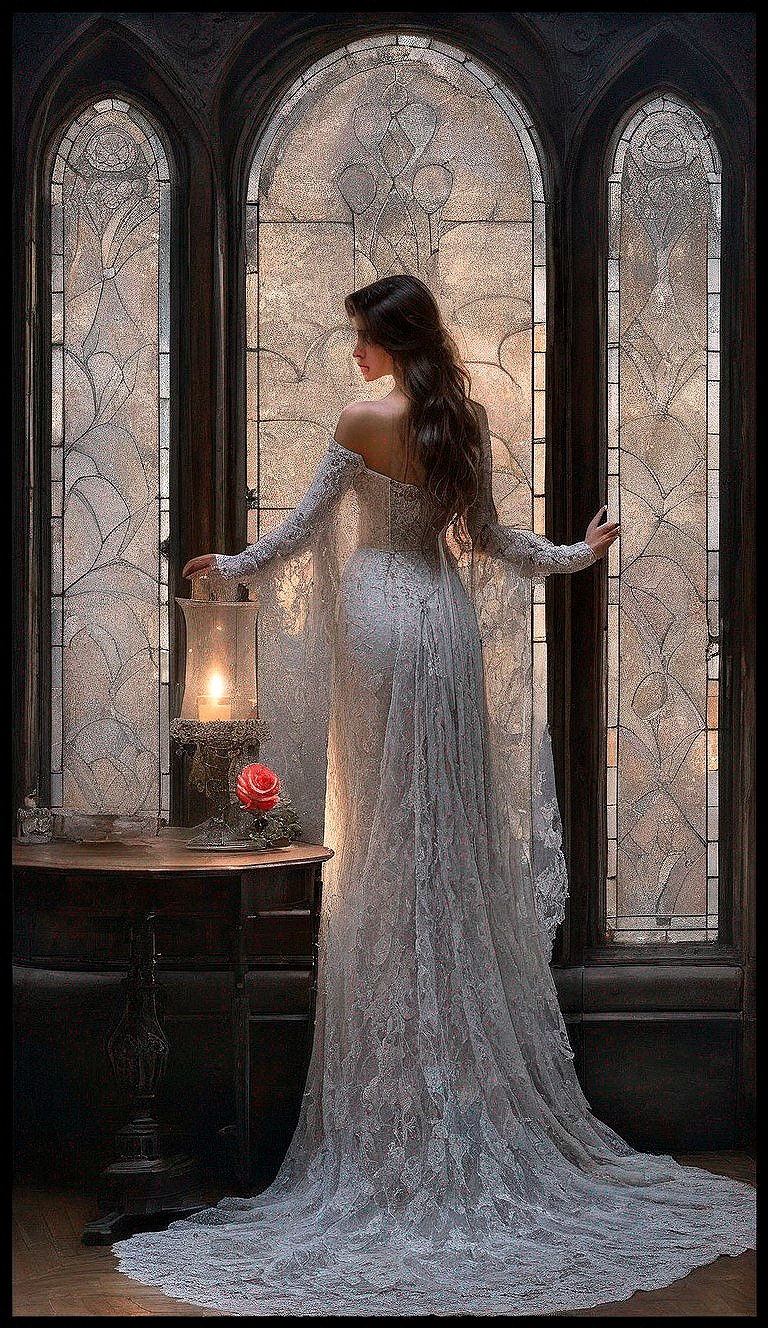 Woman in Lace Gown by Stained Glass Window