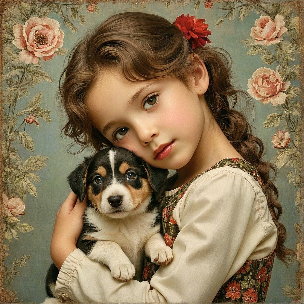 Young girl with puppy in floral dress and roses