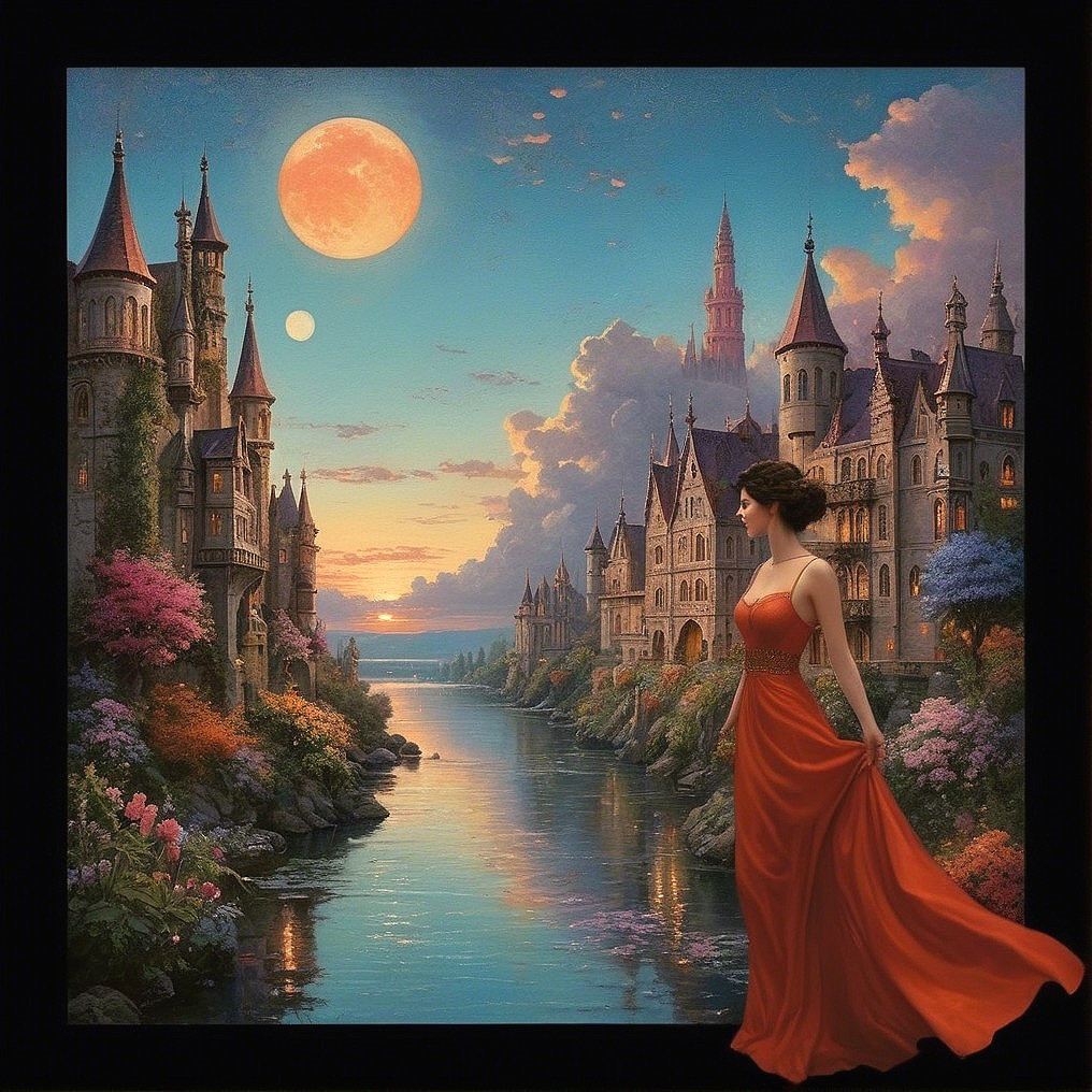 Majestic castle and serene river in a fantasy scene