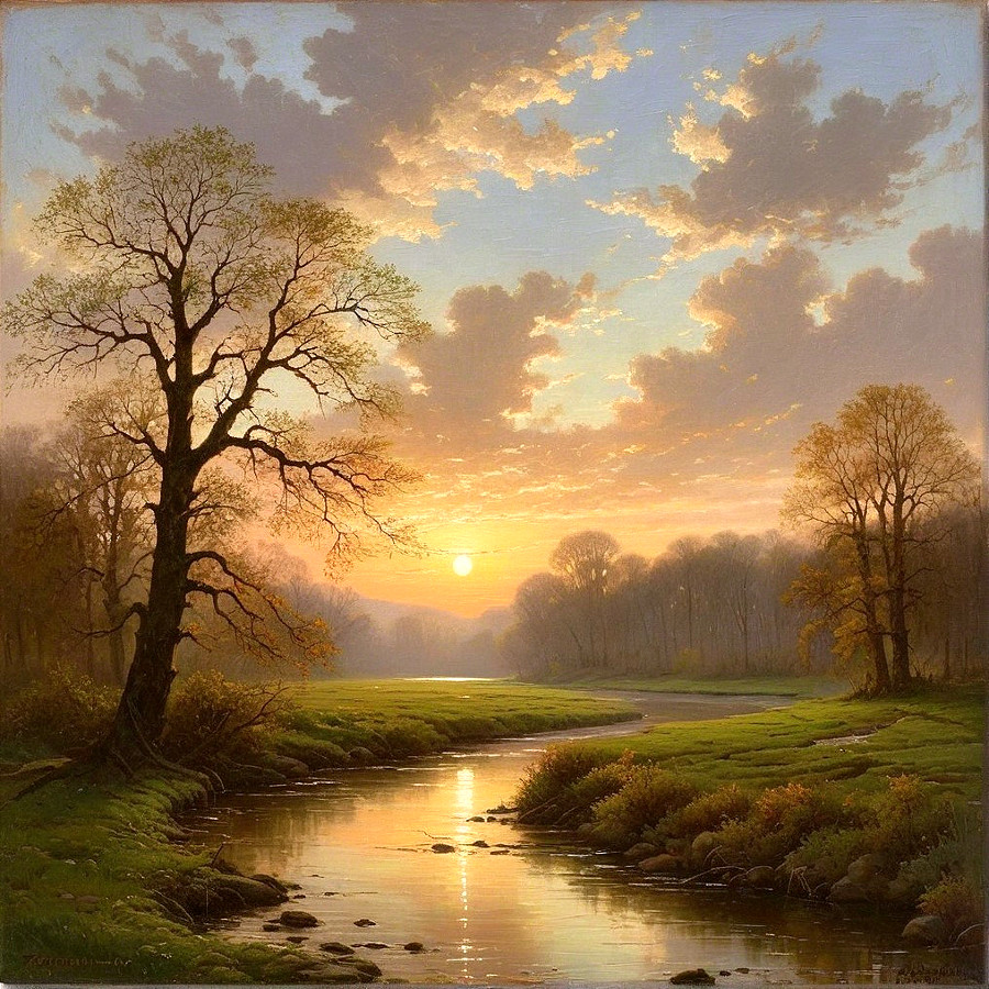 Serene Sunset Landscape with River and Lush Meadows