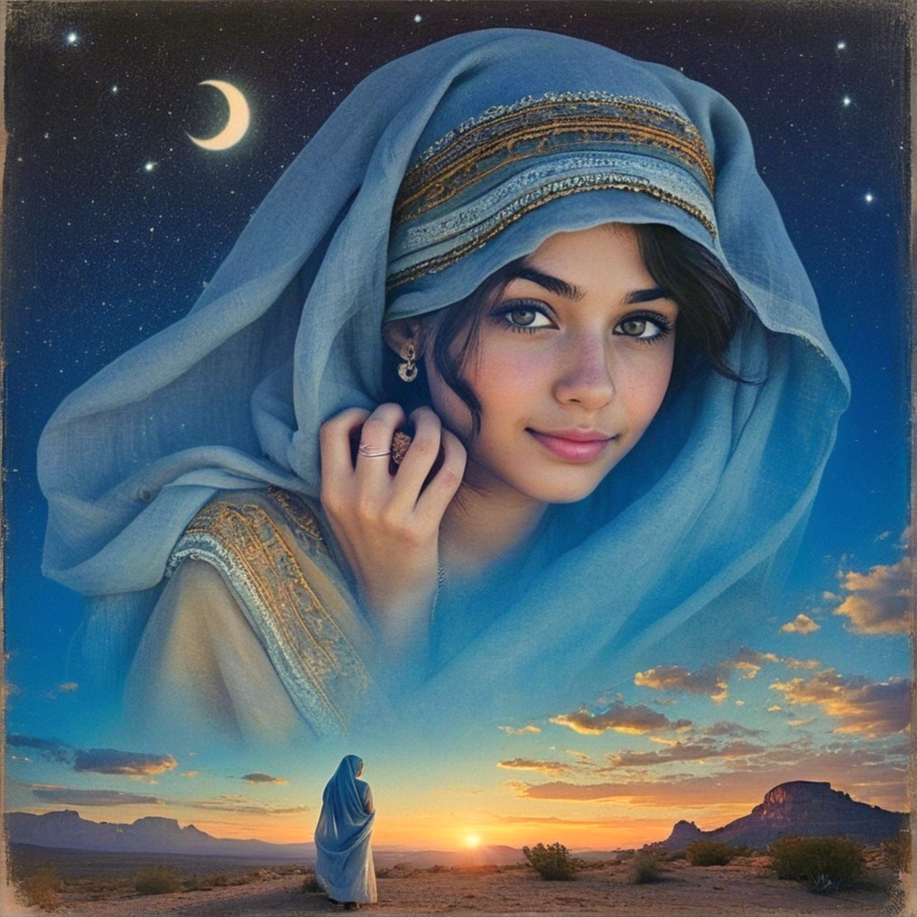 Desert Landscape at Dusk with Figures in Blue Veils