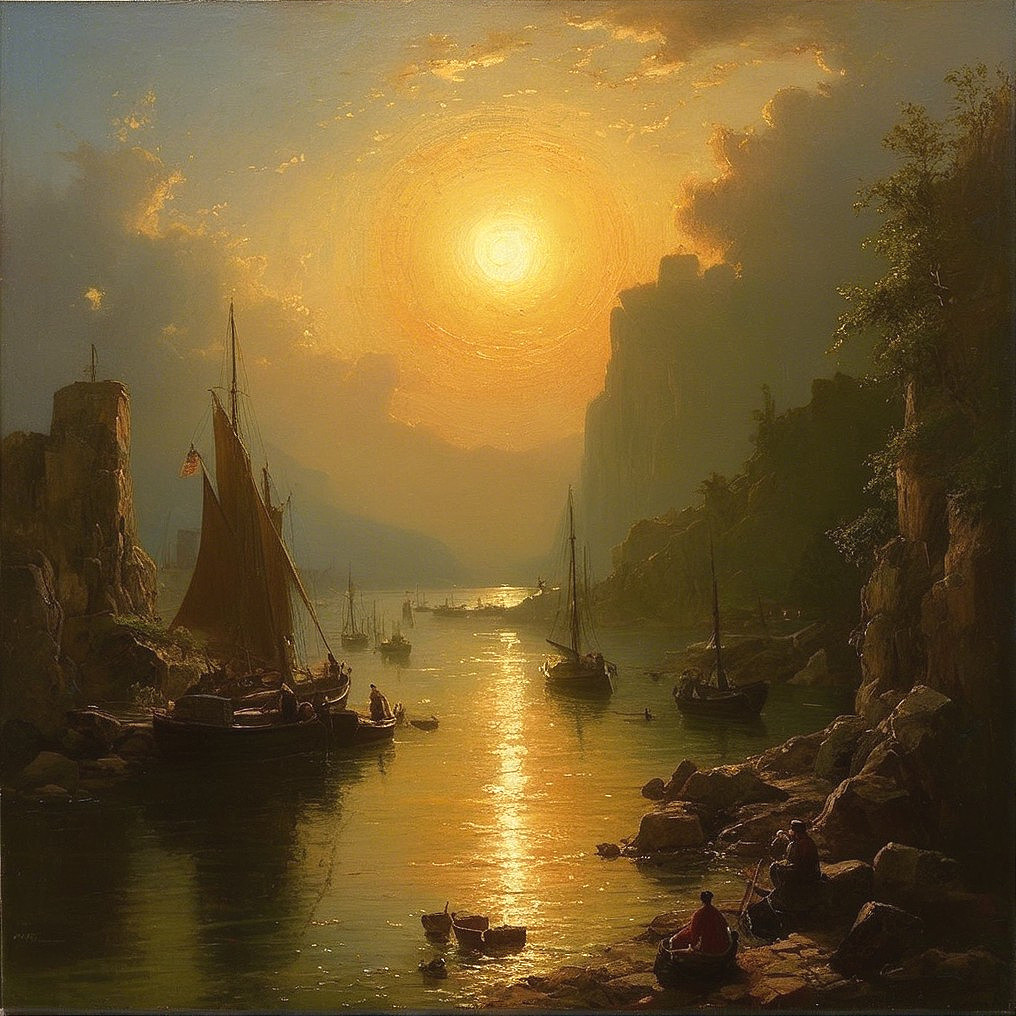 Serene River Scene at Sunset with Boats and Cliffs