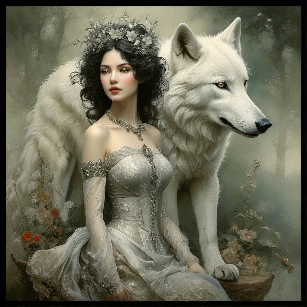 Elegant Woman and White Wolf in Mystical Forest