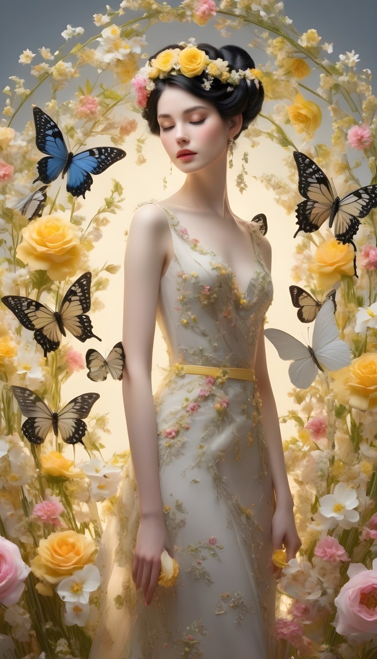 Woman in Floral Gown Surrounded by Roses and Butterflies