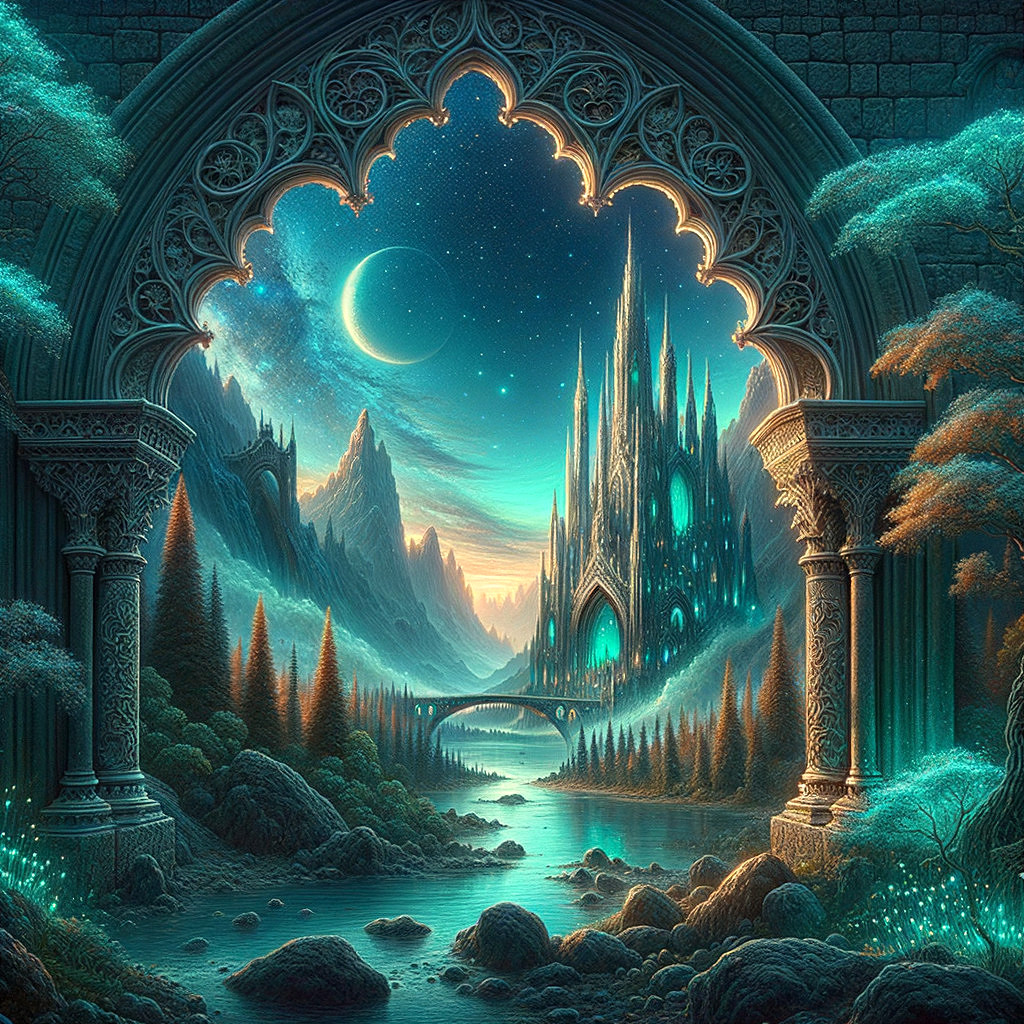 Fantasy Landscape with Castle and Starry Sky