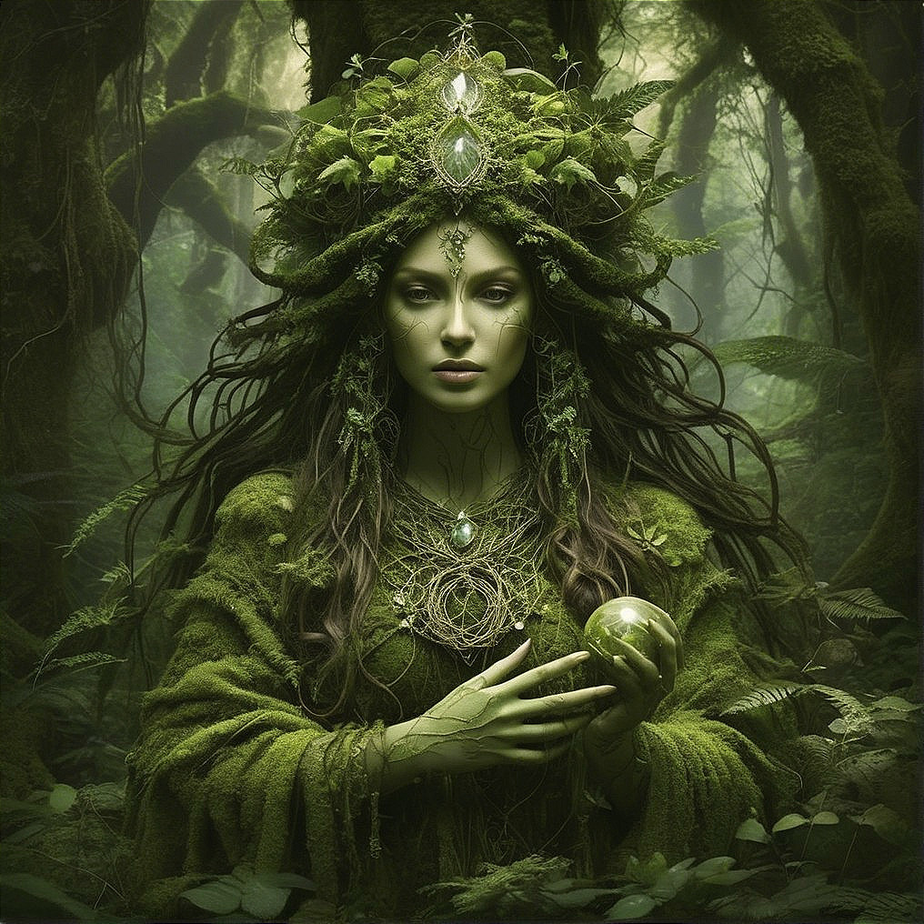 Mystical Woman in a Lush Forest with Nature Elements