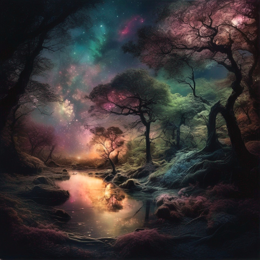 Mystical Forest with Ethereal Colors and Galaxy Sky