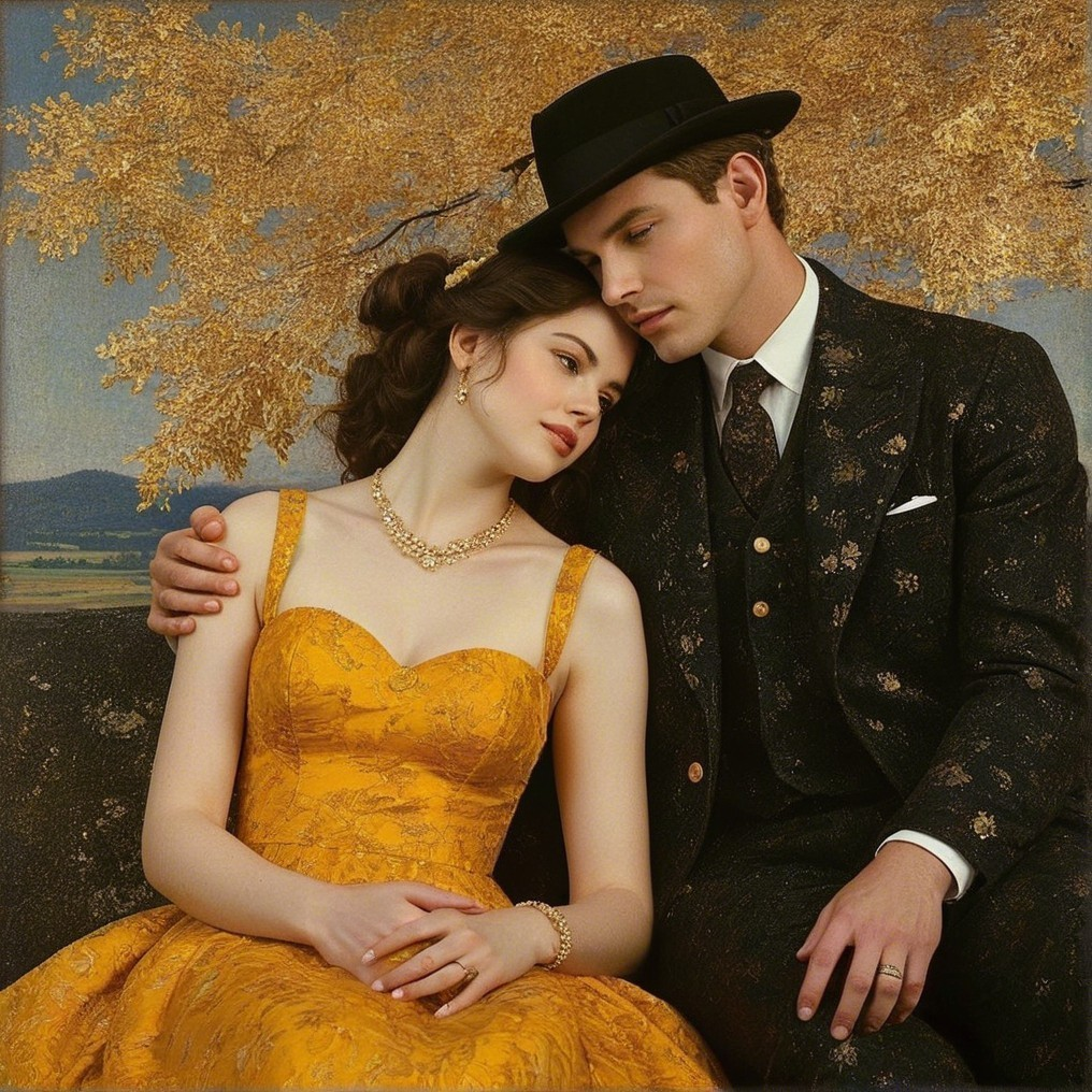 Elegant Couple in Autumn Leaves with Romantic Attire