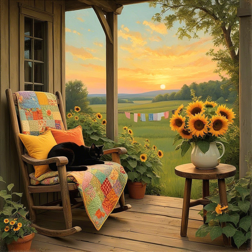 Serene Porch Scene with Rocking Chair and Cat