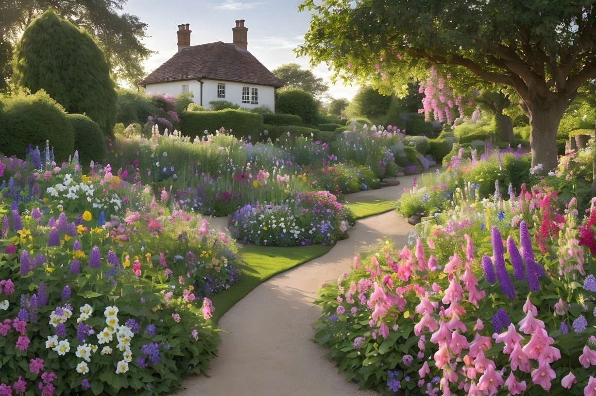 Charming Cottage Surrounded by Vibrant Flower Garden