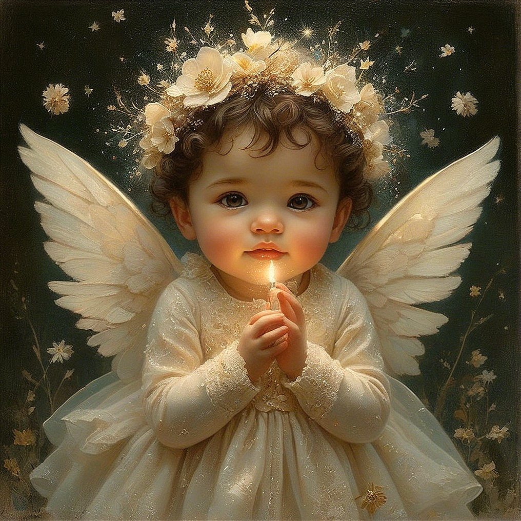 Cherubic Child with Floral Crown and Ethereal Wings