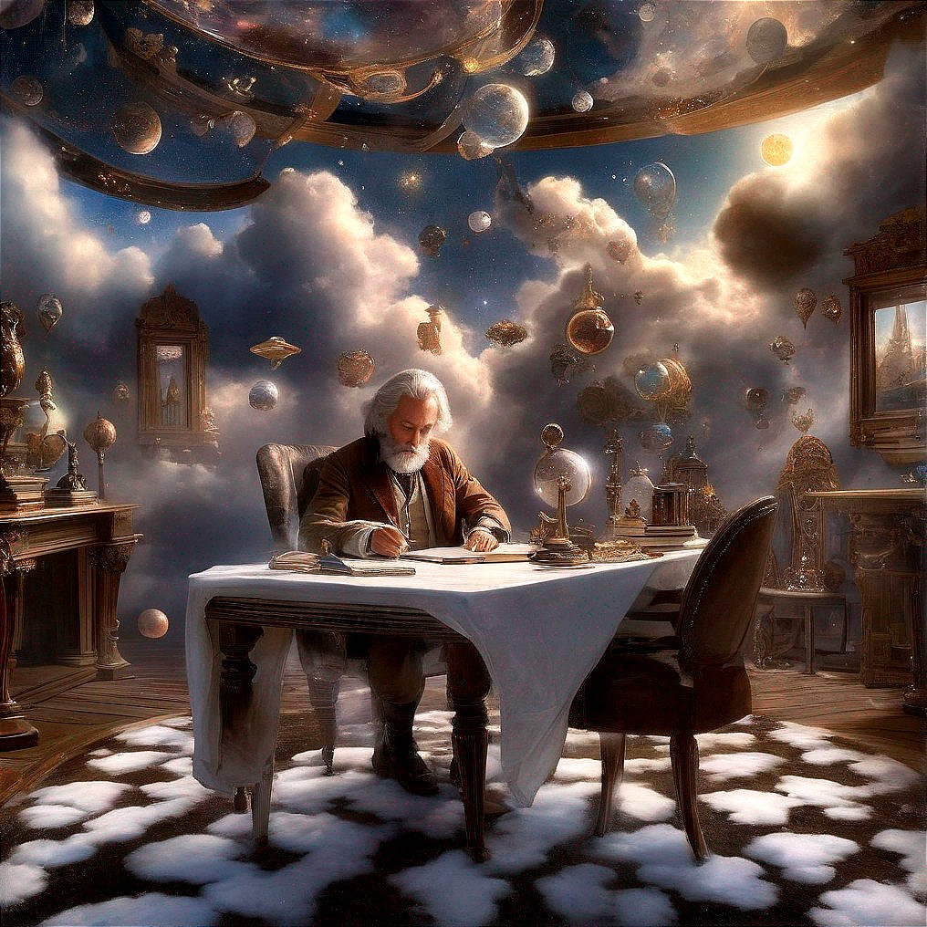 Elderly Scholar Writing Among Celestial Orbs and Clocks