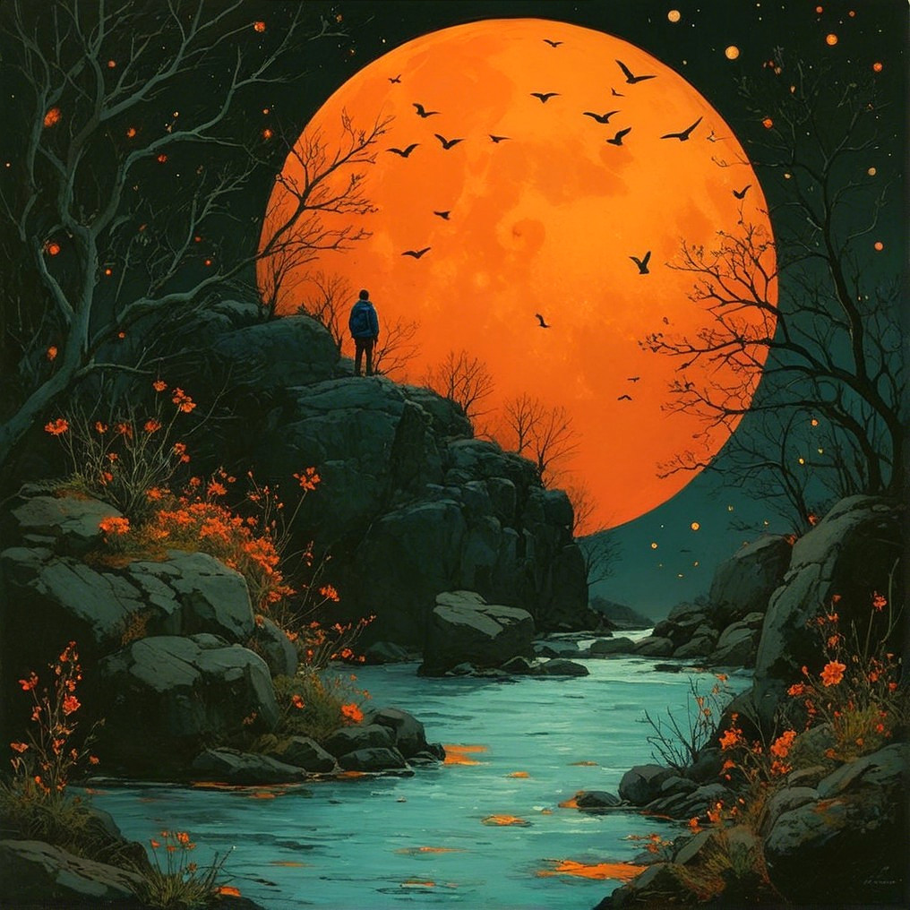 Orange Full Moon Over Serene Landscape at Night