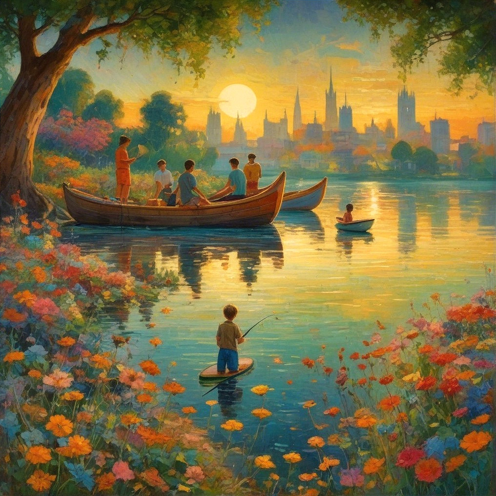 Lakeside Scene with Sunset, Boats, and City Skyline