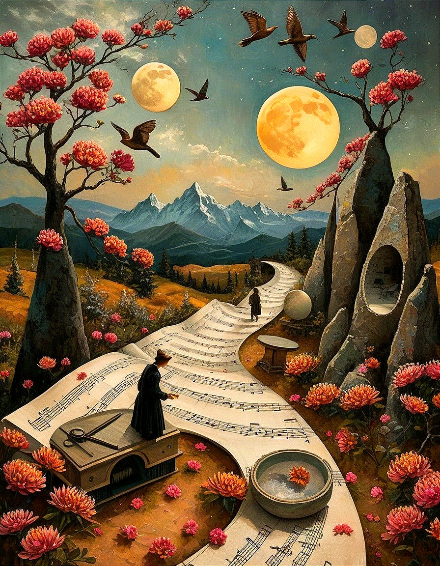 Whimsical Landscape with Musical Notes and Vibrant Nature