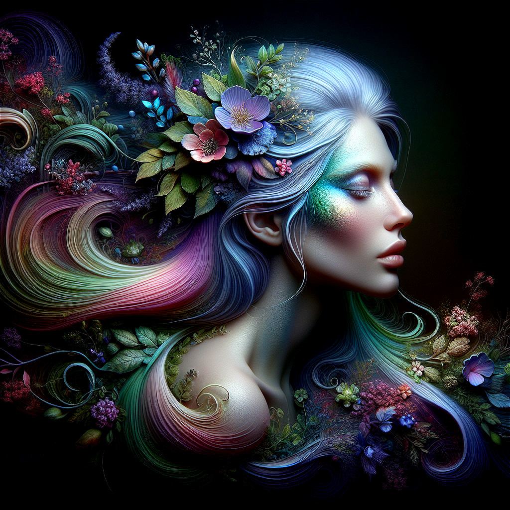 Artistic portrayal of a woman with colorful hair and flowers