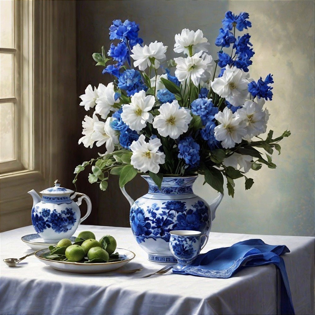 Still Life with Blue Floral Arrangement and Teapot