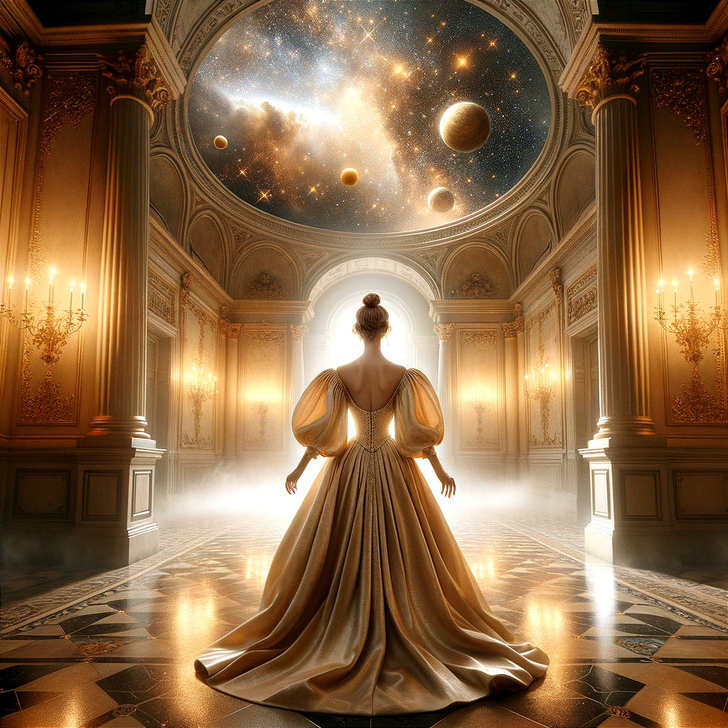 Golden Gown in Opulent Hall with Celestial Ceiling