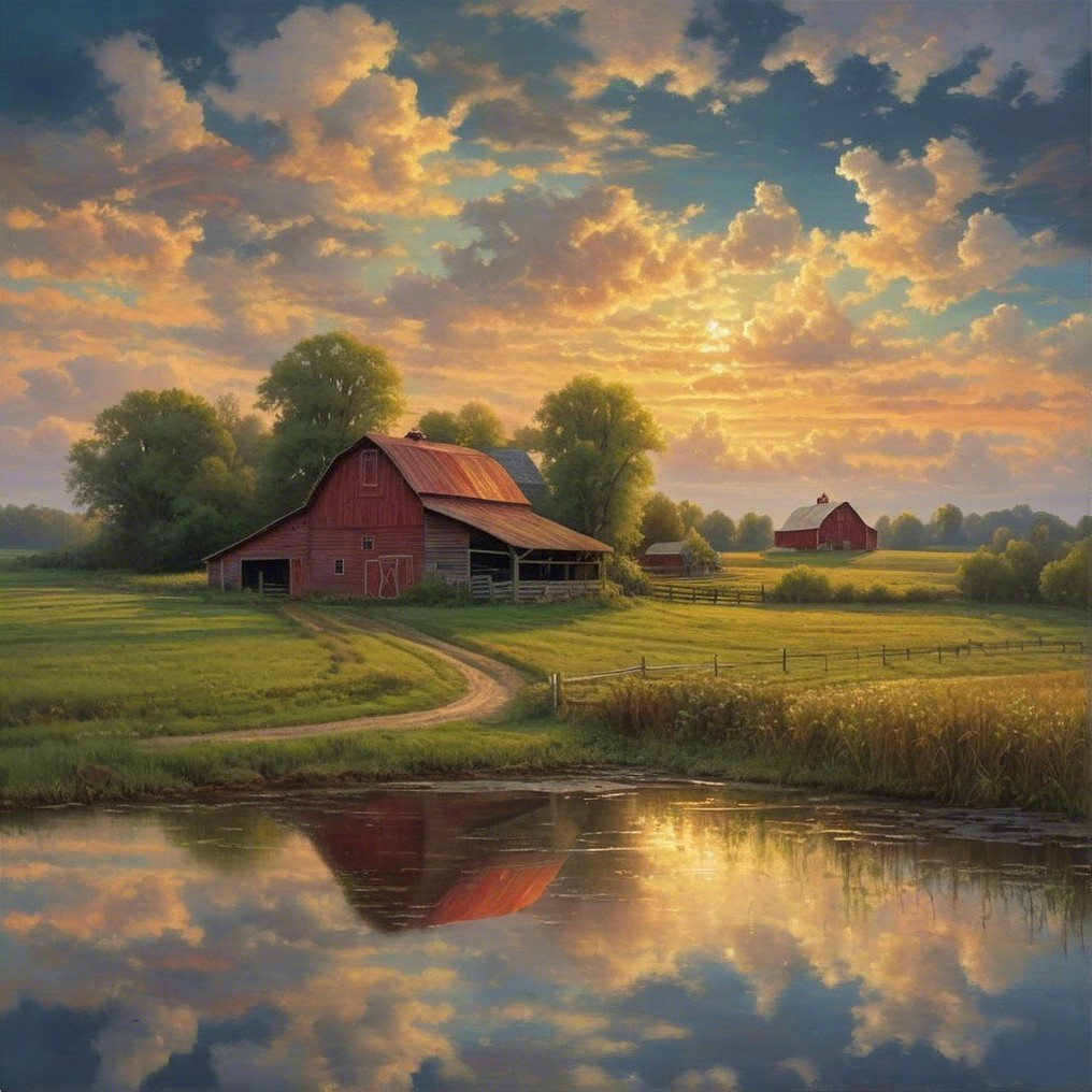 Serene Rural Landscape with Red Barn and Sunset Sky