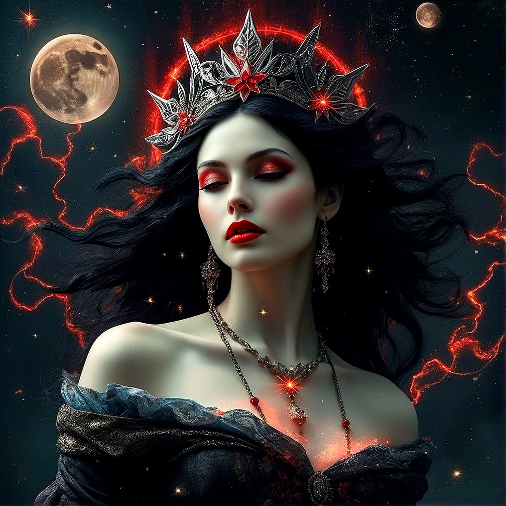 Dark Queen with Celestial Background and Red Accents