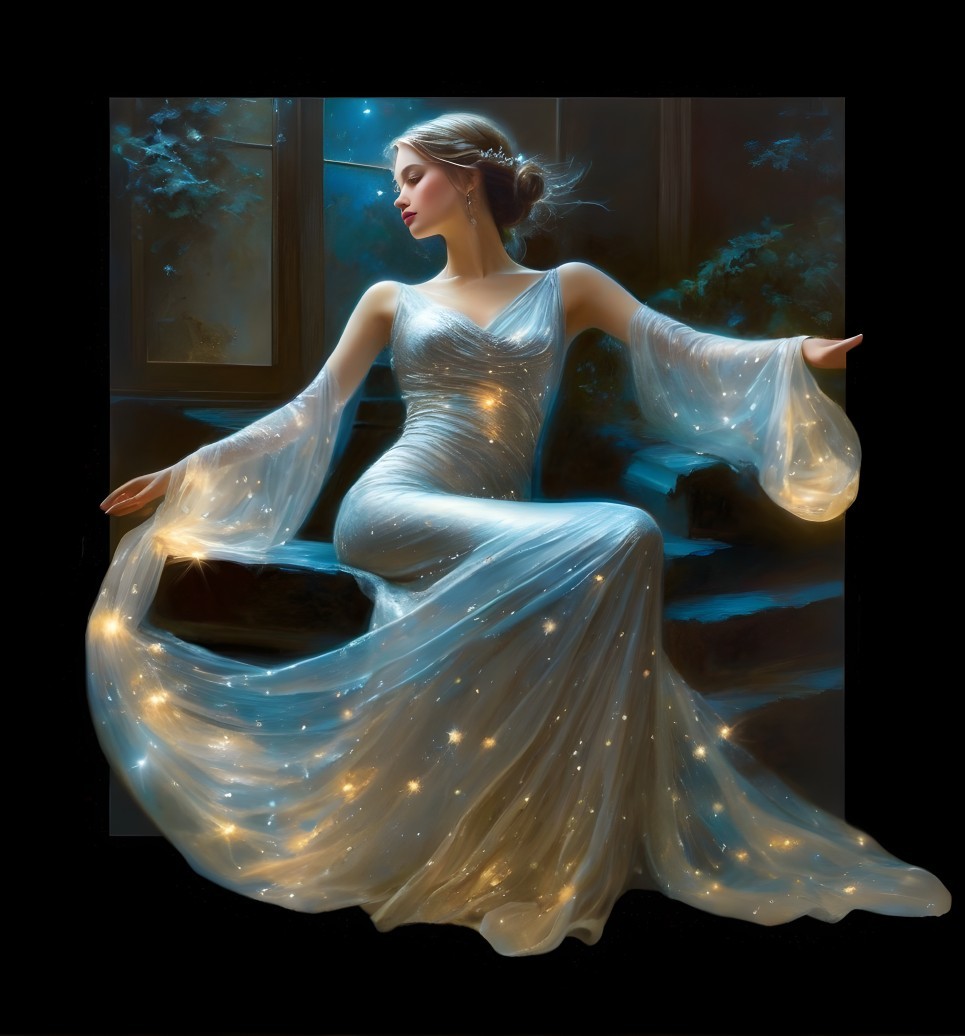 Elegant woman in shimmering gown with serene ambiance