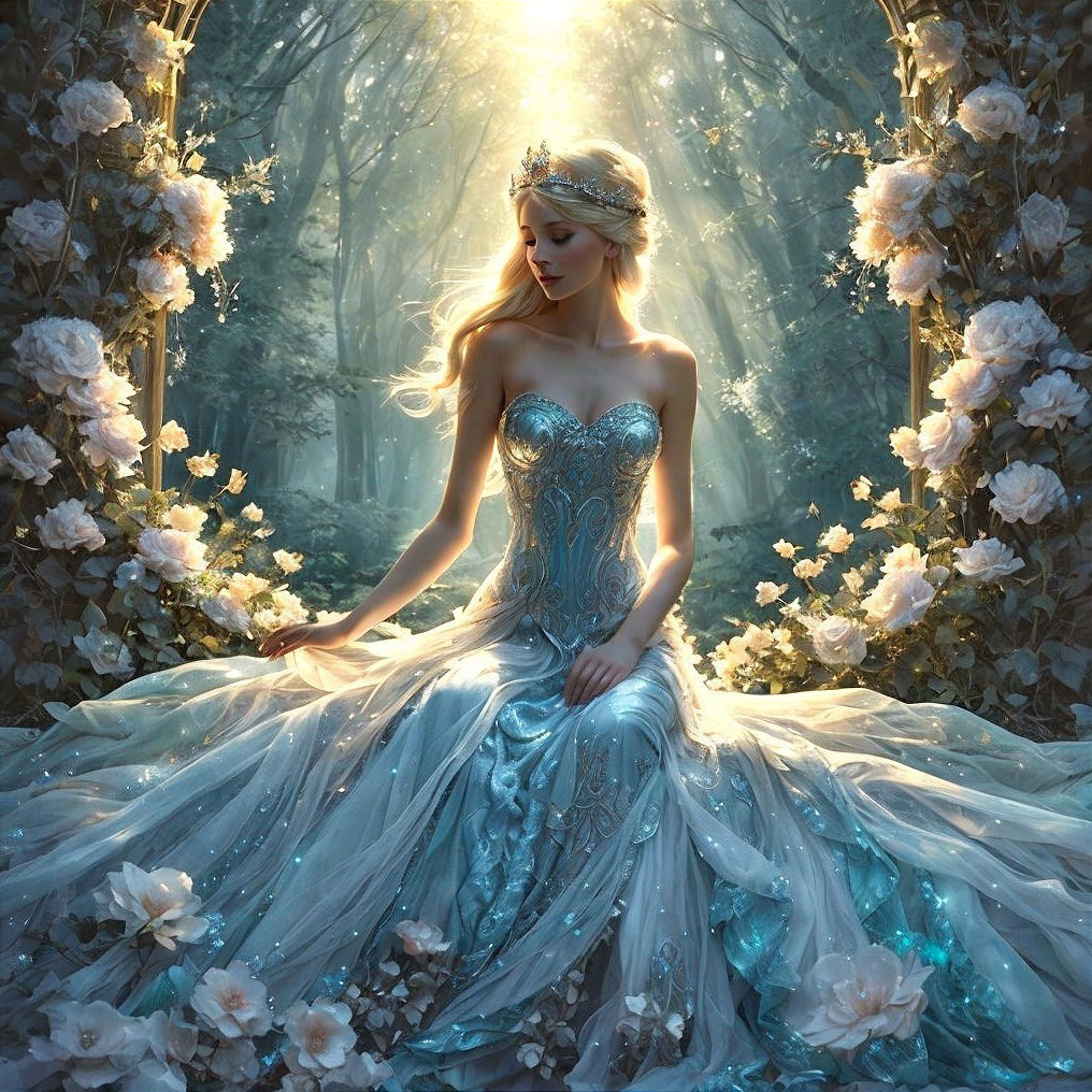 Woman in Blue Gown in Enchanted Forest Setting