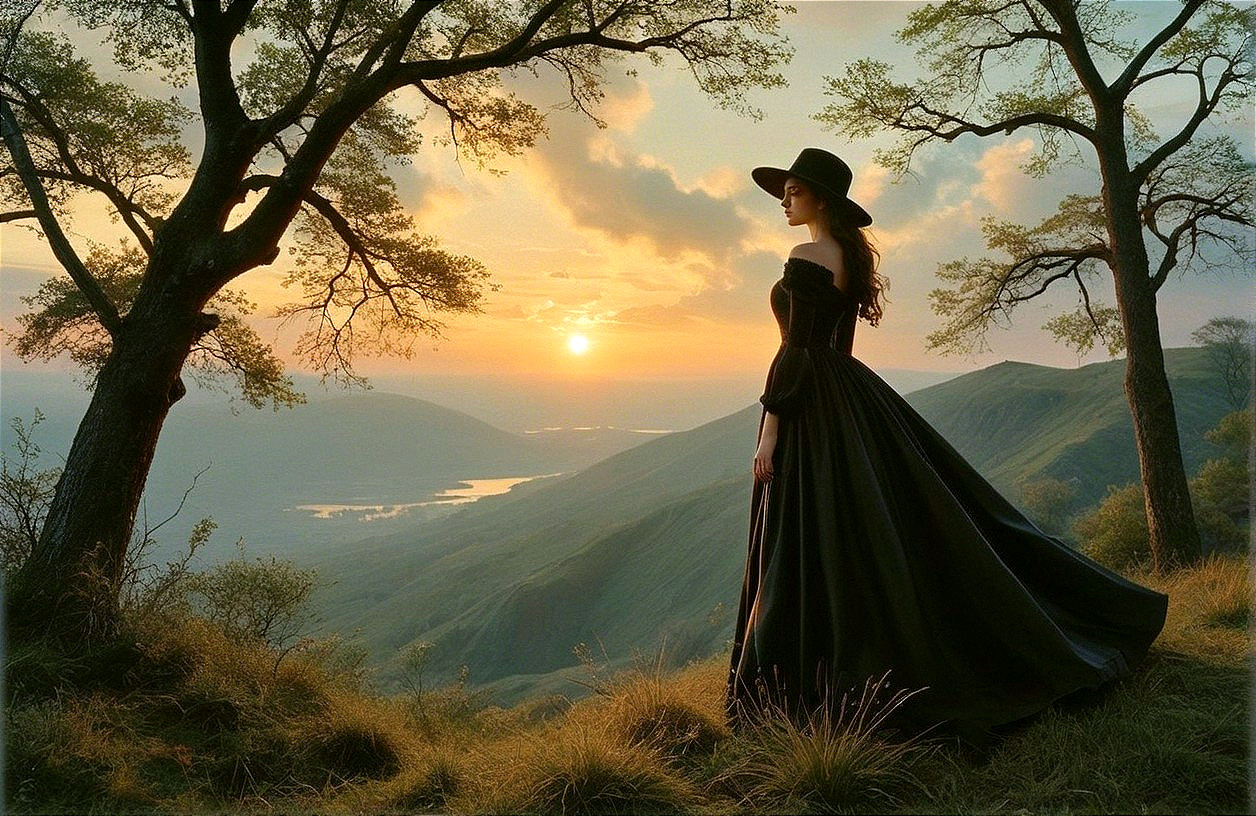 Woman in Black Gown at Sunset on Hillside