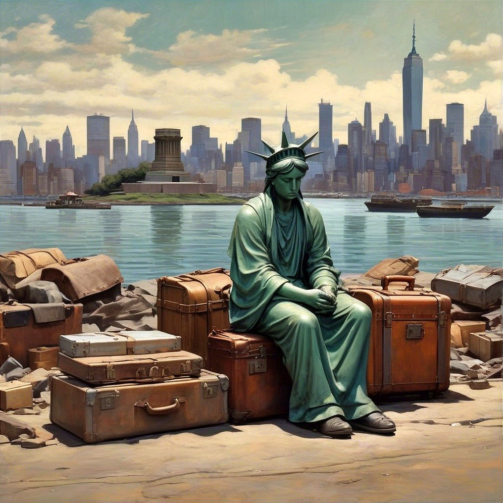 Statue of Liberty on Suitcases with City Skyline Background