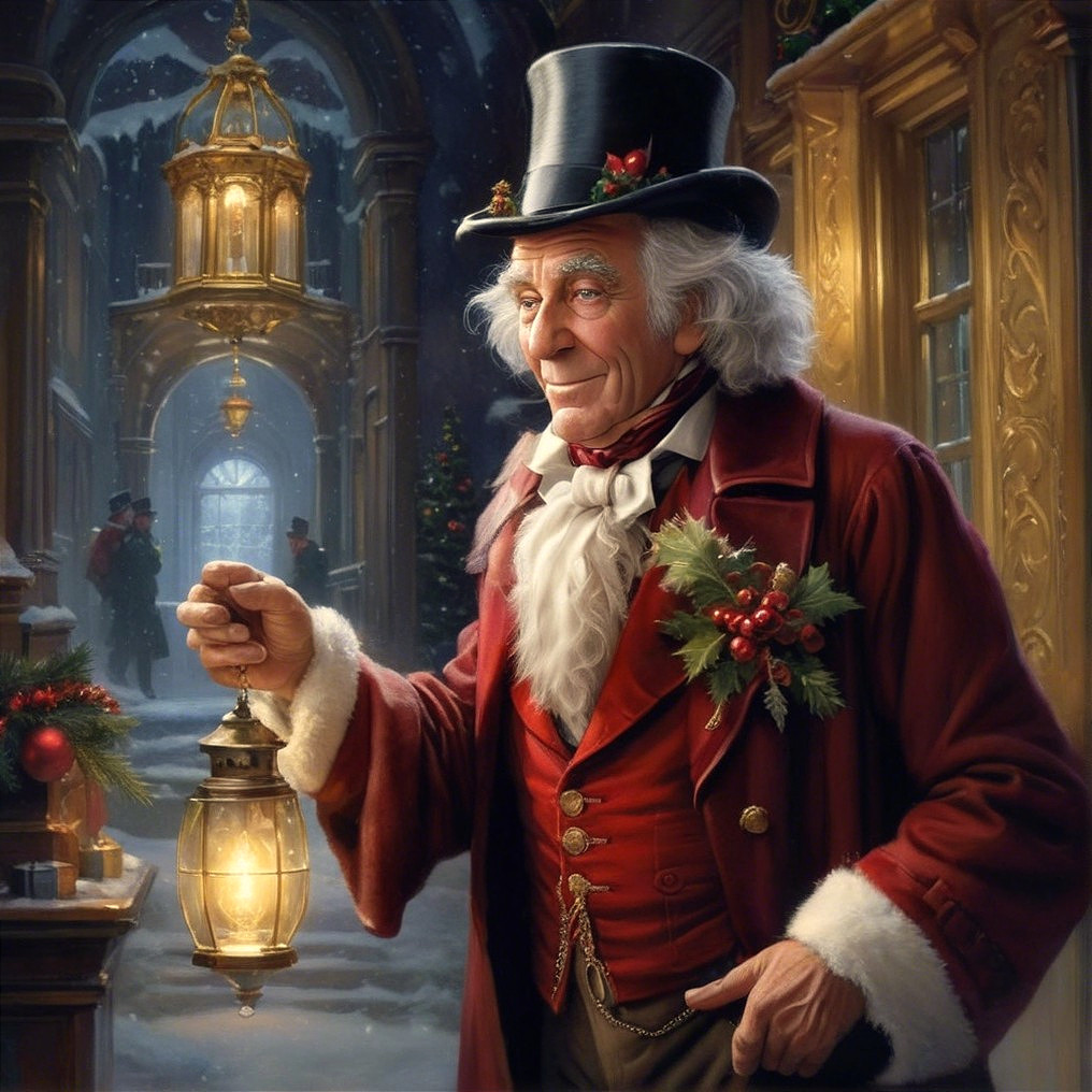 Elderly Gentleman in Festive Holiday Attire with Lantern