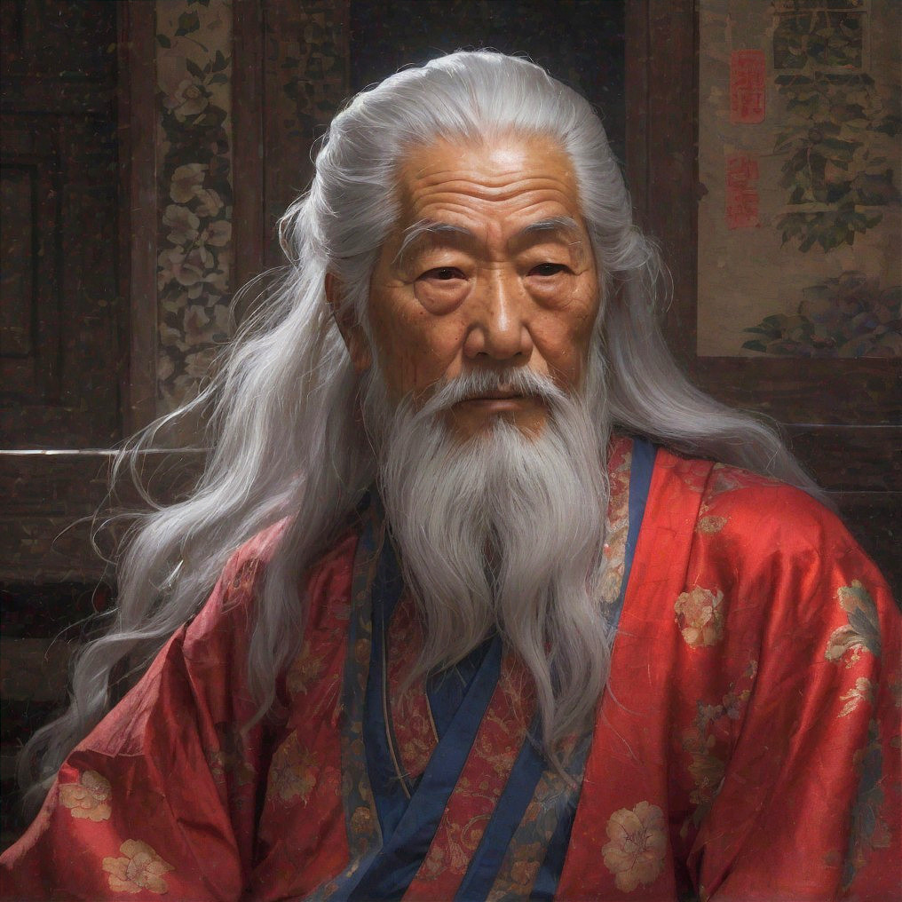 Elderly man in red robe with white hair and beard